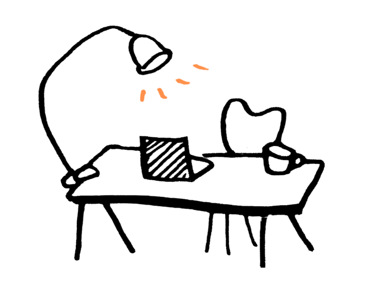 drawing of home office with a desk, lamp, laptop, desk and mug