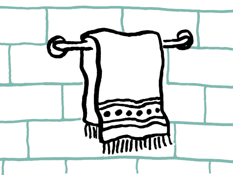 drawing of towel on a rod in a bathroom with green tile