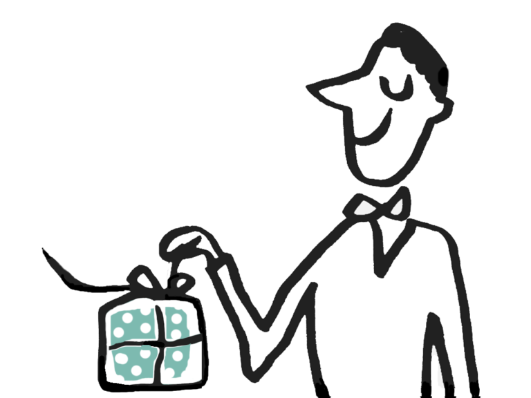 drawing of man with a green gift
