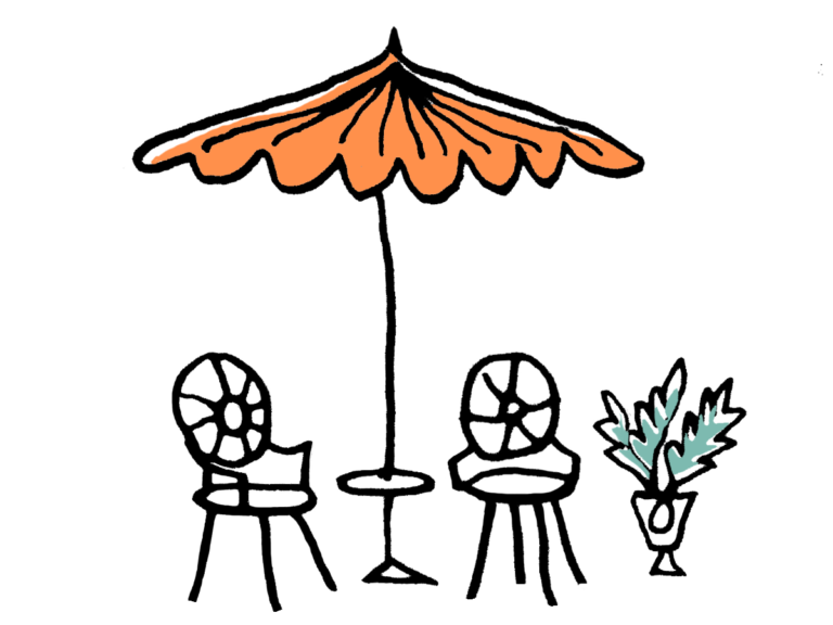 drawing of outdoor patio table with orange umbrella and two chairs and plant