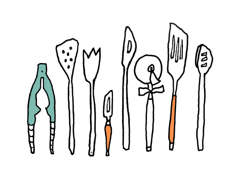 drawing of kitchen tools and accessories spatula spoon tongs cheese cutter