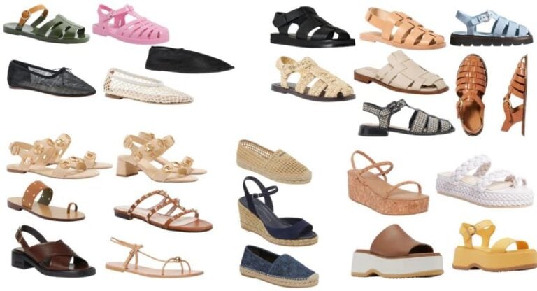 A collection of the best summer sandals that aren't flip flops for 2024 on a white background.
