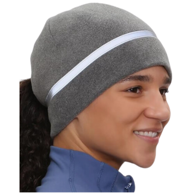 Woman wearing gray fleece Hat for cold weather exercise