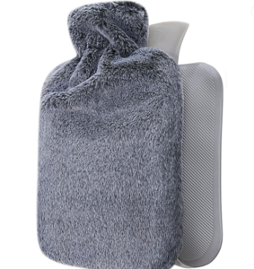 A grey rubber Hot Water Bottle with a fuzzy gray cover for it.