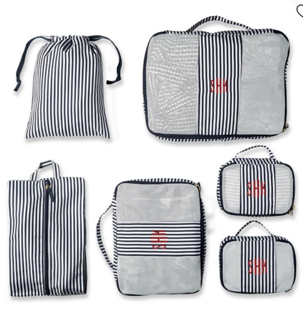 Set of 6 blue and white striped Paraval Packing Cubes and bags.