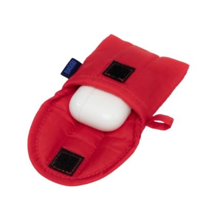 red case with airpods inside