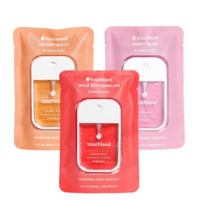 an orange, red and pick hand sanitizer package