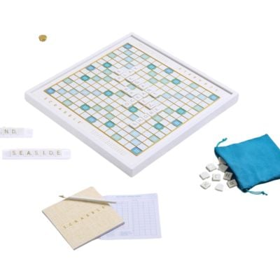 scrabble with blue tiles